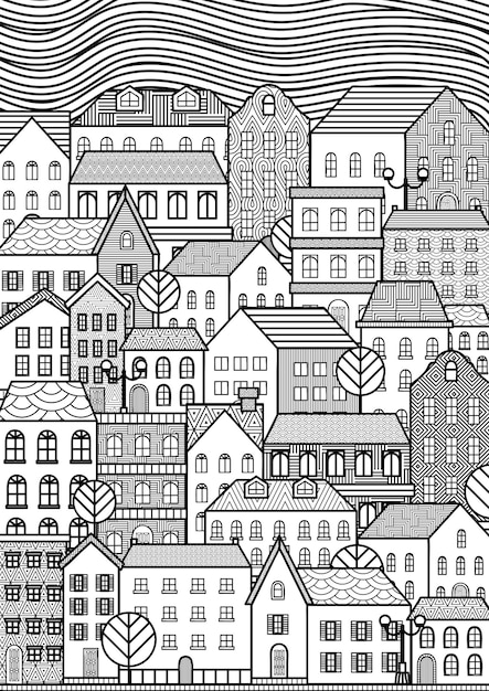 Vector patrón sin costuras en blanco y negro con casas y árboles ilustración vectorial