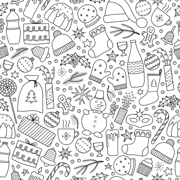 Patrón sin costuras en blanco y negro con contornos de dibujos de Navidad y Año Nuevo