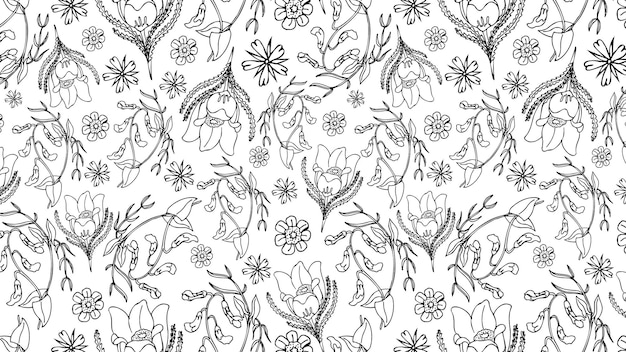 patrón sin costuras en blanco y negro con flores silvestres