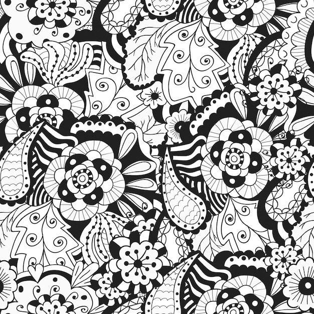 Patrón sin costuras en blanco y negro con fondo floral, flores y hojas dibujadas a mano.