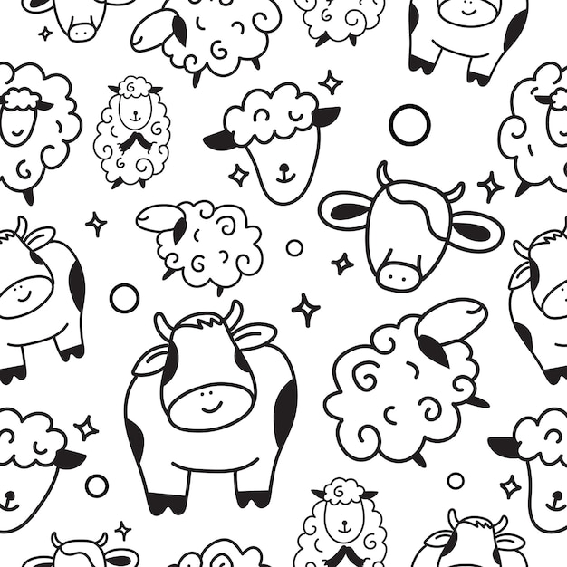 Un patrón sin costuras en blanco y negro de vaca y oveja con estilo de contorno