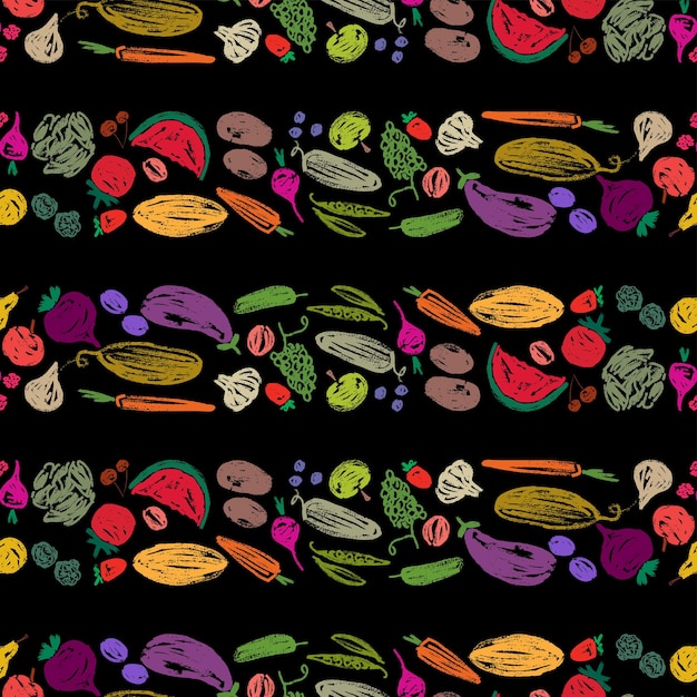 Patrón sin costuras de bocetos de frutas y verduras maduras en filas