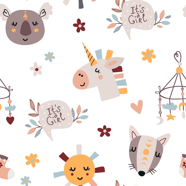 Patrón sin costuras bohemio con elementos de lindo bebé. Patrón para dormitorio, papel tapiz, camisetas y ropa para niños y bebés, ilustración infantil dibujada a mano