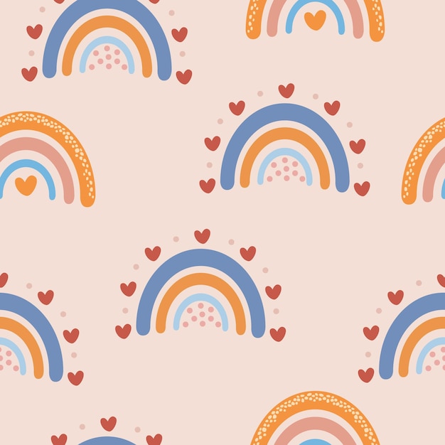 Patrón sin costuras boho escandinavo con arco iris de dibujos animados Ilustración retro bohemia