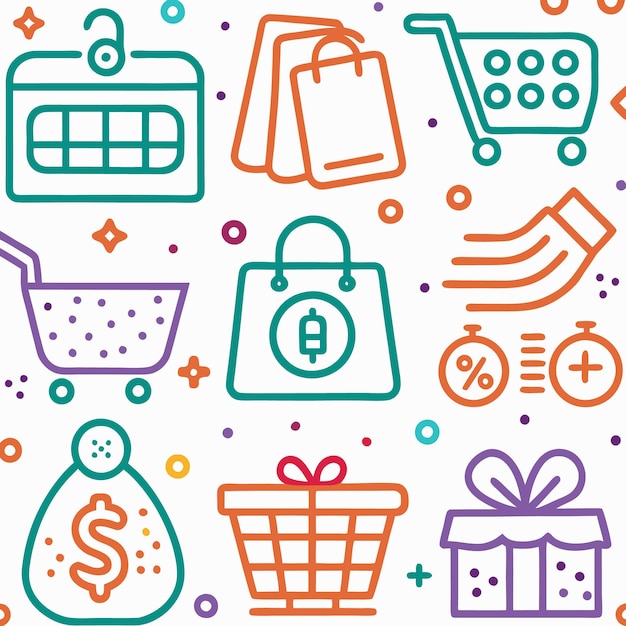 Patrón sin costuras con bolsa de carrito de compras, caja de regalos, calendario y bolsa de dinero