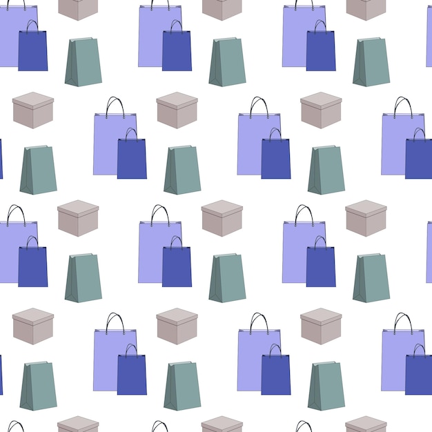 Patrón sin costuras de bolsas y cajas de compras sobre un fondo blanco