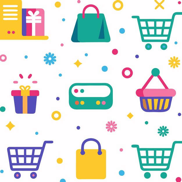 Patrón sin costuras de bolsas de carrito de compras, regalos y flores para compras en línea, comercio minorista, comercio electrónico y comercio electrónico