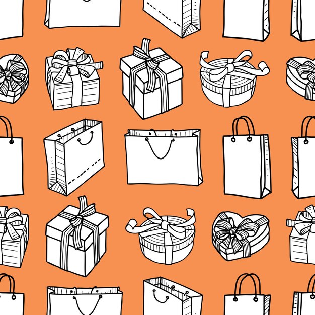 Patrón sin costuras de bolsas de compras y cajas de regalo dibujadas