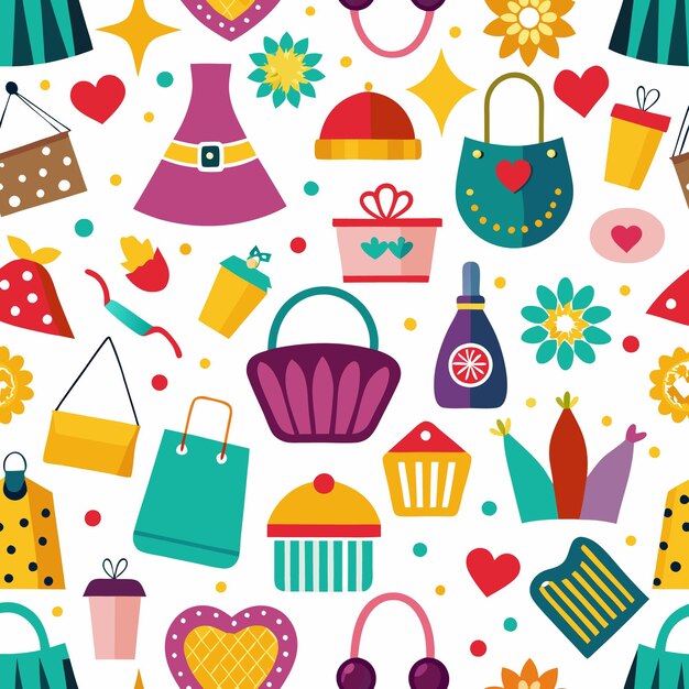 Patrón sin costuras con bolsas de compras coloridas flores corazones regalos y pasteles