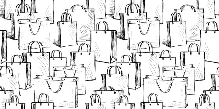Vector patrón sin costuras de bolsas de compras compras de embalaje vector ilustraciones dibujadas a mano papel de fondo