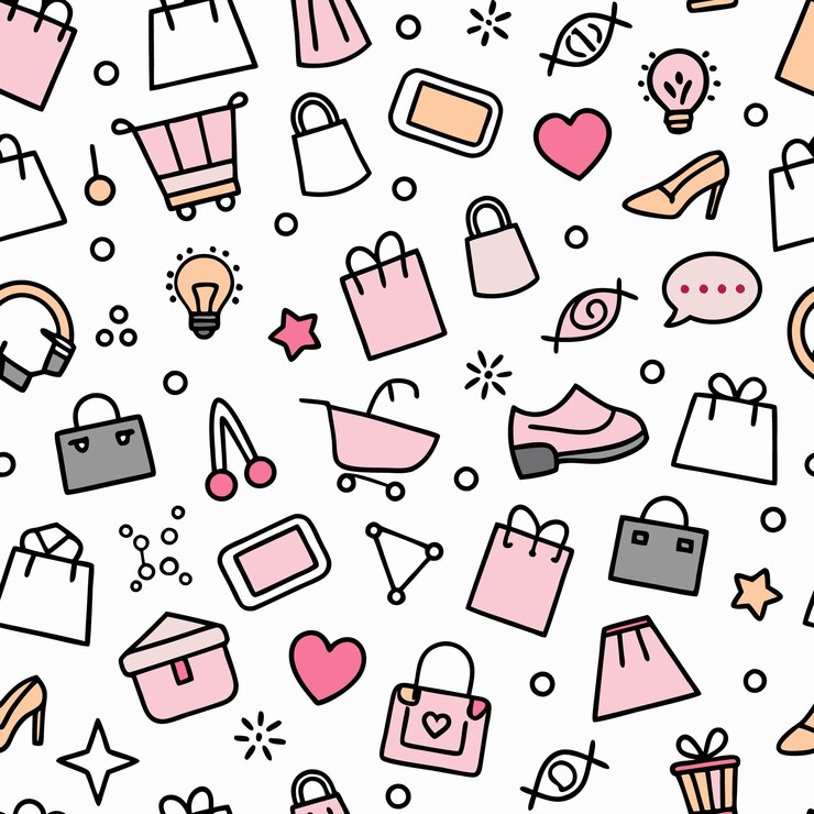 Vector patrón sin costuras con bolsas de compras rosadas corazones zapatos y otros elementos lindos