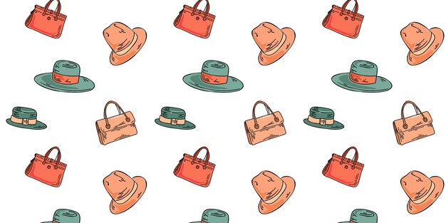 Patrón sin costuras con bolsas de moda y sombreros sobre fondo blanco