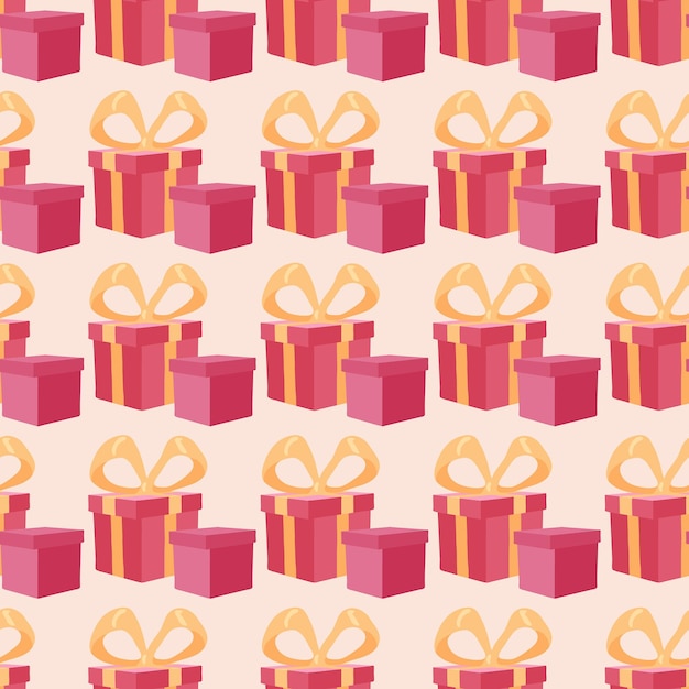 Patrón sin costuras con bonitas cajas rosadas festivas y arcos amarillos en fondo beige