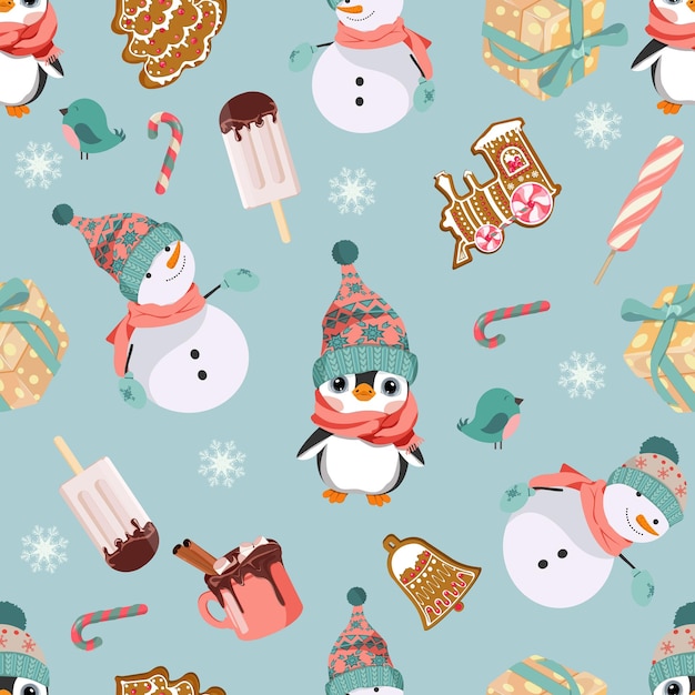 Patrón sin costuras con bonitos pingüinos de dibujos animados de Navidad helado y pan de jengibre de Navidad