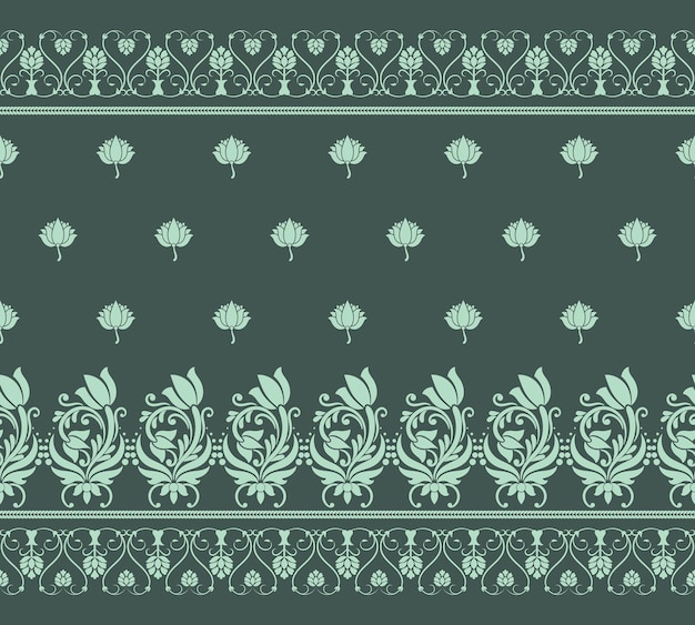 El patrón sin costuras de borde horizontal del motivo indio de ikat floral verde