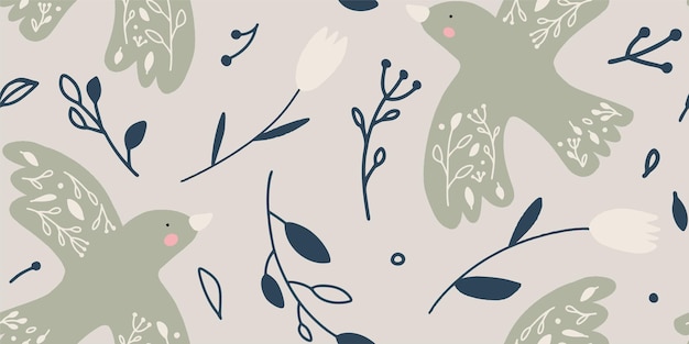 Patrón sin costuras botánico dibujado a mano hermoso estilo ornamento con pájaros abstracto de moda