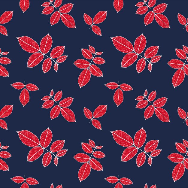 Patrón sin costuras botánico de otoño con ramas y hojas rojas sobre un fondo azul oscuro