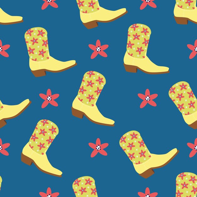 Patrón sin costuras de botas de vaquero de dibujos animados con lindas flores en el rodeo azul del salvaje oeste