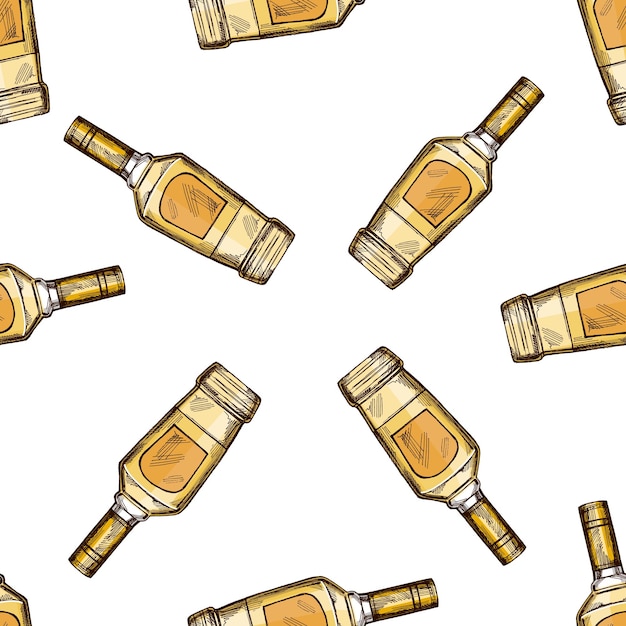 Patrón sin costuras de botella de tequila de color dibujado a mano Elemento de diseño para el menú de bares y restaurantes Tiendas de alcohol Ilustración de boceto vectorial en estilo grabado México América Latina
