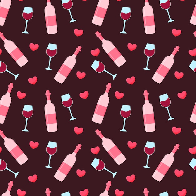 Patrón sin costuras con botella de vino y copa de vino y corazones sobre fondo rosa oscuro