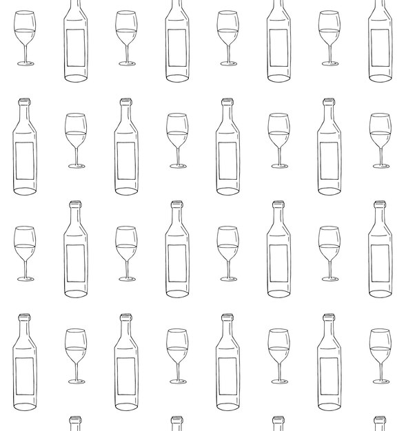 Patrón sin costuras de botella de vino y vidrio dibujados a mano