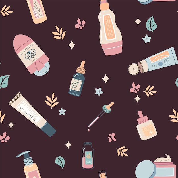 Patrón sin costuras con botellas de productos cosméticos Crema, loción, suero para cara y cuerpo, higiene de cuidado personal, ilustración plana vectorial para textura, fondo, tela de papel tapiz.