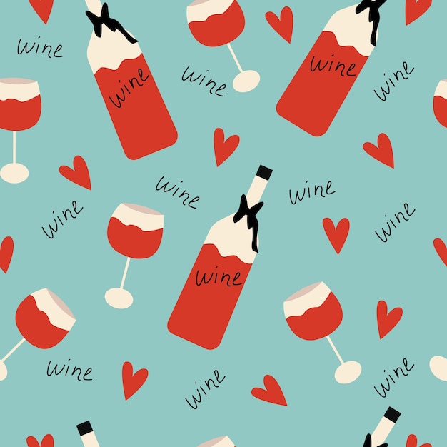 Patrón sin costuras de botellas y vasos de vino y letras a mano Ilustración vectorial