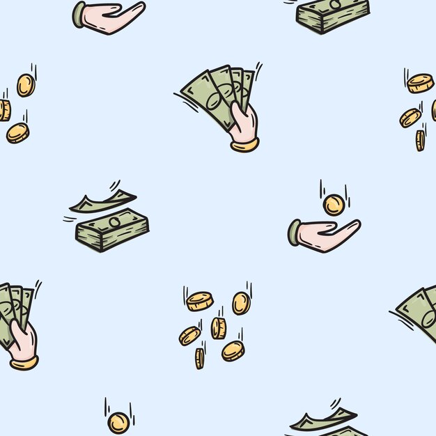Patrón sin costuras brillante para envolver papel con iconos de una mano con billetes una palma atrapando una moneda