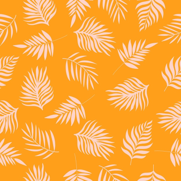 Vector patrón sin costuras brillante con hojas de palma beige sobre fondo naranja diseño vectorial dibujado a mano