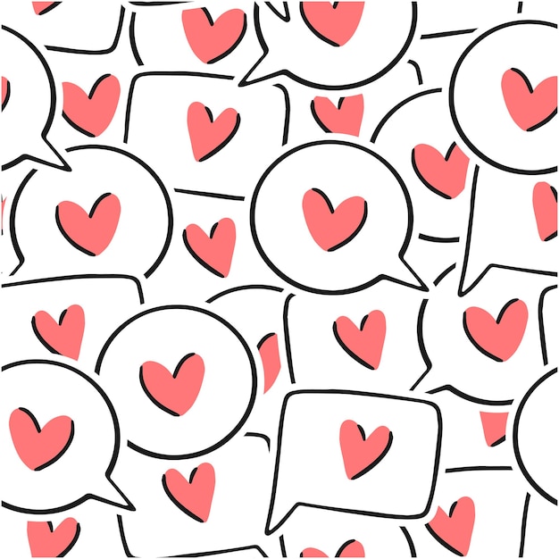 Patrón sin costuras con burbujas de discurso con corazones en un fondo de ilustración de estilo de doodle lineal