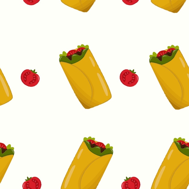 Patrón sin costuras con burritos y tomates. Comida latinoamericana sobre fondo blanco.