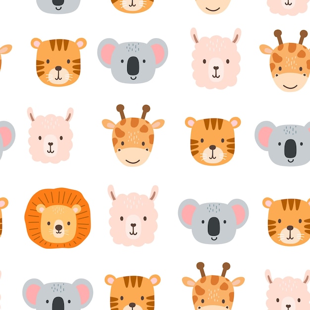 Patrón sin costuras con cabeza de animales de retrato lindo en estilo de dibujos animados Dibujo caras de jirafa y koala de león africano bebé aisladas sobre fondo blanco Tigre dulce de vector para niños Animal de la selva