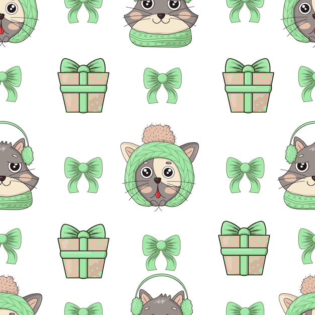 Patrón sin costuras con cabezas de gatos lindos y alegres de Navidad con sombreros de punto verde, arcos de auriculares cálidos y regalos de Año Nuevo