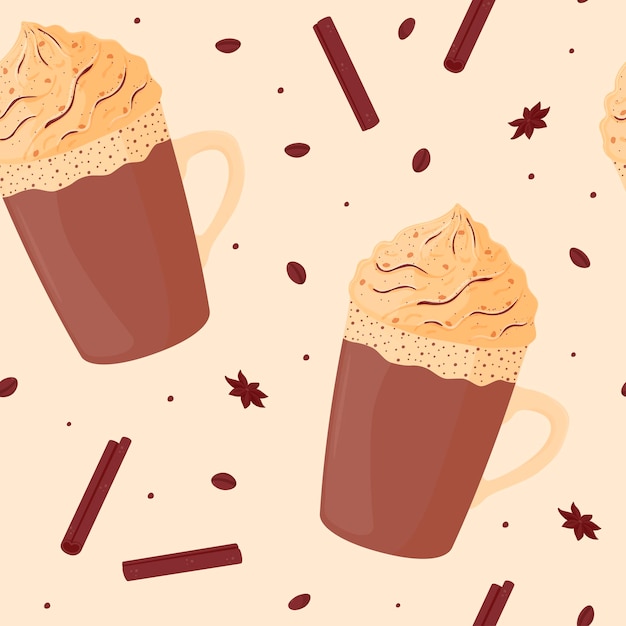 Patrón sin costuras Cacao lindo festivo con crema batida Café de chocolate caliente en una taza de vidrio