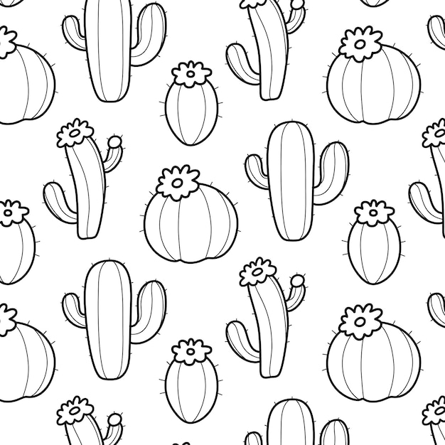 Patrón sin costuras con cactus dibujados a mano con flores diseño botánico en blanco y negro con varias formas de cactus perfecto para impresiones, textiles, papeles de pared y papel de envolver