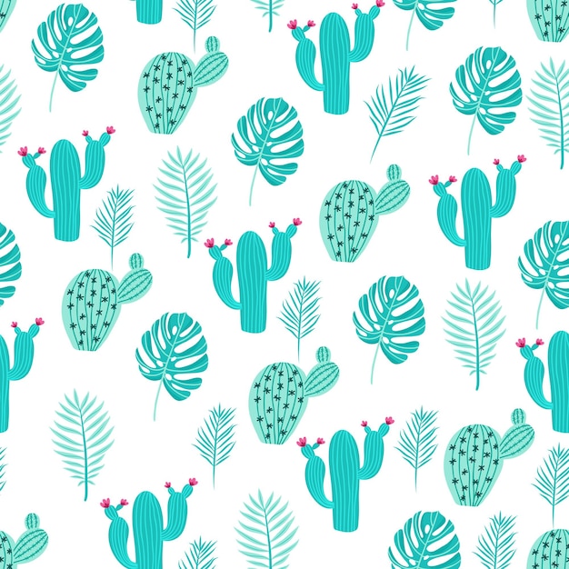 Patrón sin costuras con cactus y flores en verde y rosa sobre fondo crema.