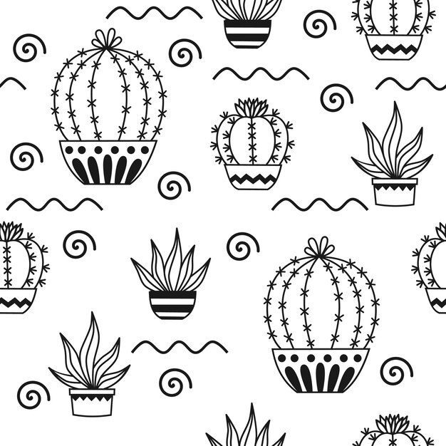 Patrón sin costuras con cactus en maceta Dibujos de ilustración de contorno vectorial Para diseño de embalaje textil diseño de fondo postales y carteles
