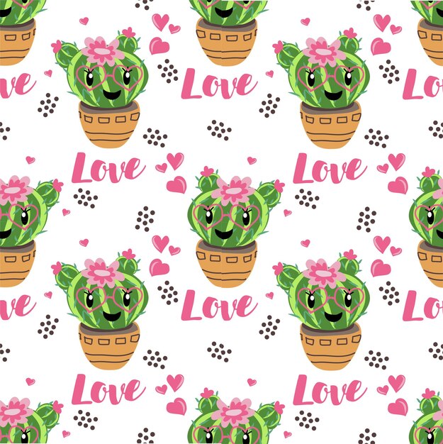 Patrón sin costuras de cactus vectorial Linda planta de cactus en maceta con corazón y texto de amor