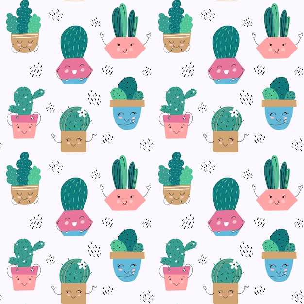 Patrón sin costuras de cactus verdes en macetas Personajes divertidos Ilustración vectorial Estilo plano
