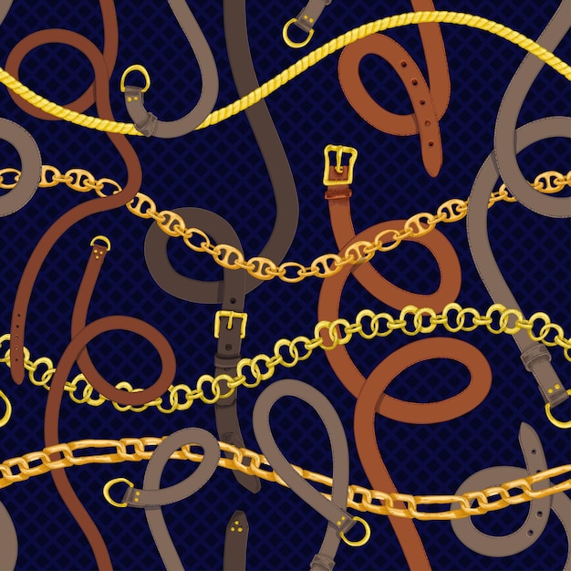 Patrón sin costuras con cadenas de oro dibujadas a mano realistas y cinturón de cuero marrón Boceto de garabato sobre fondo azul oscuro Adorno de lujo cuadrado para banner web de diseño de moda de tela