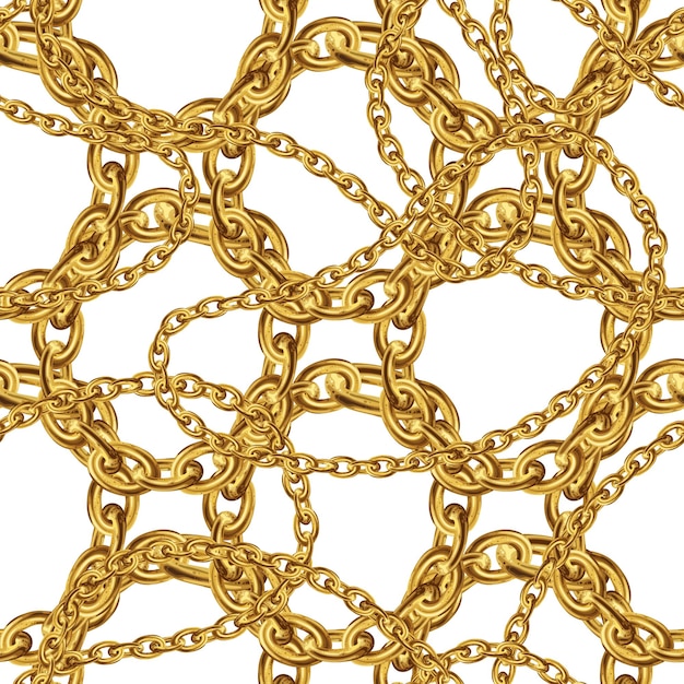 Patrón sin costuras con cadenas de oro para el diseño de telas sobre fondo blanco Ilustración dorada barroca
