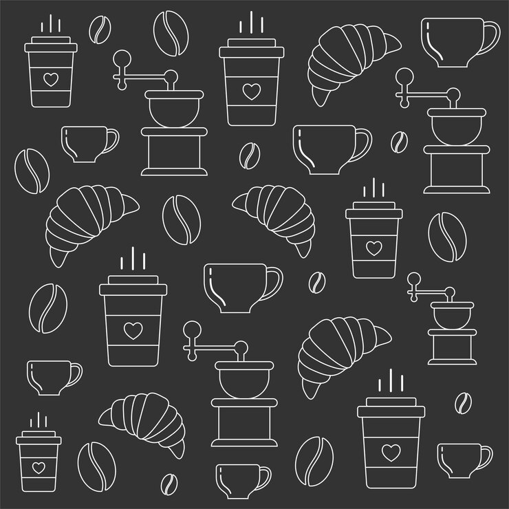 Patrón sin costuras con café, tazas de café, granos de café y croissants, dibujando sobre fondo negro