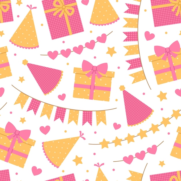 Patrón sin costuras con cajas de regalo, sombreros de fiesta y guirnaldas en colores rosa y amarillo sobre blanco
