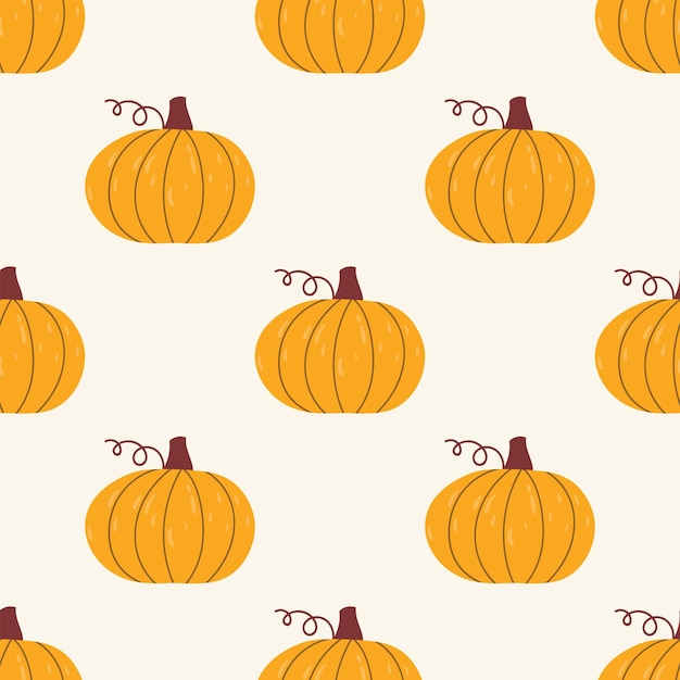 Patrón sin costuras con calabaza amarilla en estilo plano de dibujos animados sobre un fondo beige claro
