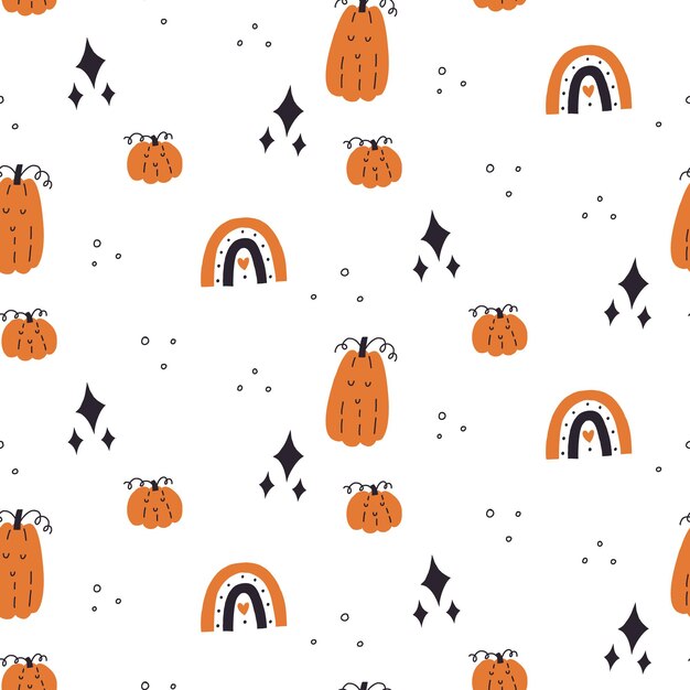 Patrón sin costuras, calabaza de halloween, estrella del arco iris en estilo dibujado a mano, fondo de Halloween