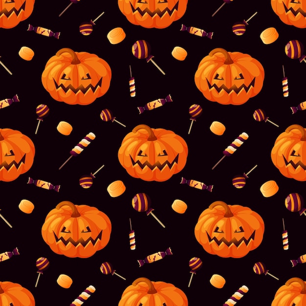 Patrón sin costuras con calabaza tallada y dulces de Halloween