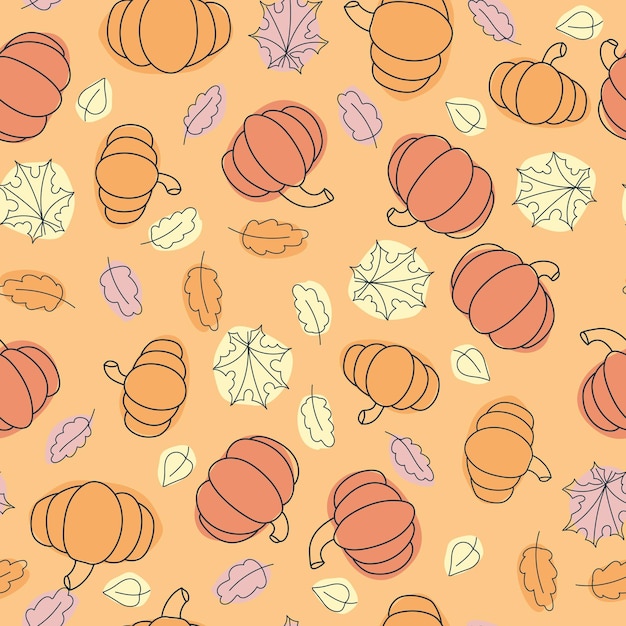 Patrón sin costuras de calabazas y hojas de otoño Impresión de verduras de otoño Un patrón de elementos simples Ilustración vectorial