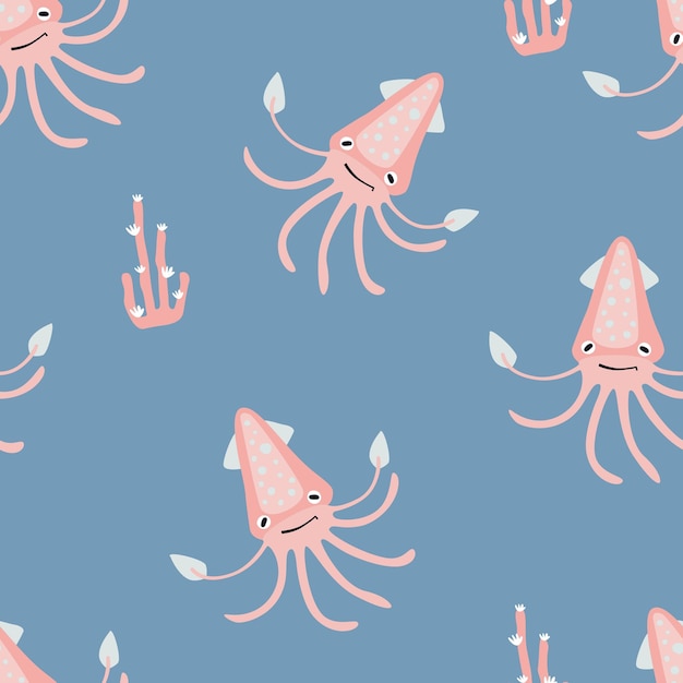 Patrón sin costuras con calamares rosados de dibujos animados y corales en un vector de fondo azul