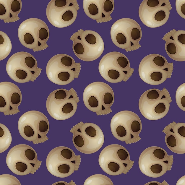 Patrón sin costuras de calavera de Halloween sobre fondo púrpura ilustración vectorial de stock aislada en estilo de dibujos animados