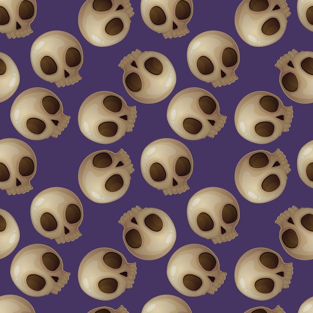 Patrón sin costuras de calavera de halloween sobre fondo púrpura ilustración vectorial de stock aislada en estilo de dibujos animados